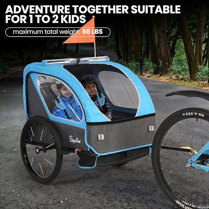 Sepnine Kids Bike Trailer, 2 in1 Canopy Carrier Converts to Pushcart Suitable for 1 to 2 Toddlers, Kids, Quick Attach to Bike, Foldable, with 5-Point Harness and Storage Bags