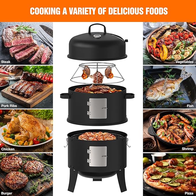 16" Charcoal Smoker, 3 in 1 Heavy Duty Vertical Barbecue Grill, Outdoor Fire Pit 402 Square Inches Cooking Area, Versatile Outdoor Smoker Grill, Black