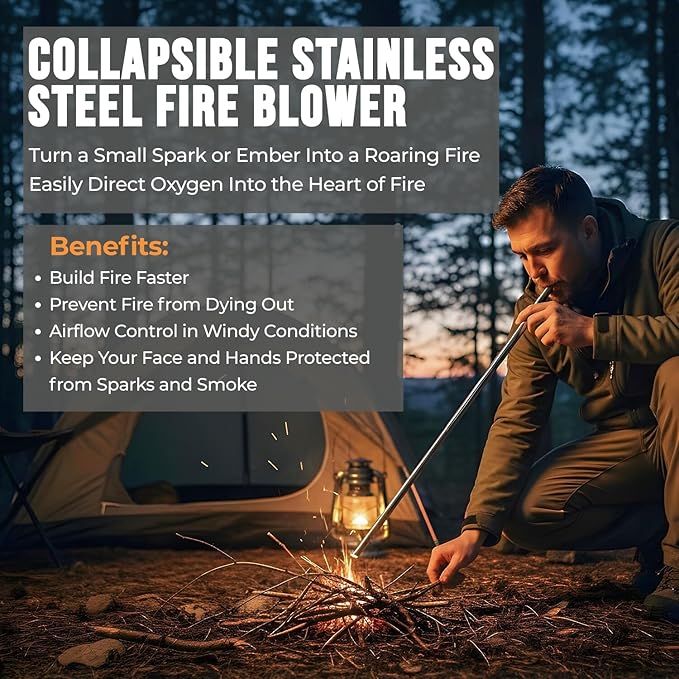 Tactiko 6-in-1 All-Weather Survival Fire Starter Kit - Complete Emergency Set with Ferro Rod, Striker, Fire Wax, 4 Waxed Wood Starters, Waterproof Matches, Collapsible Blower & Zippered Case
