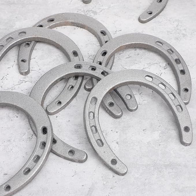 HANLANXUE 12Pcs Cast Iron Horse Shoes for Decorations, Durable Good Lucky Horseshoe for Wall Décor, Indoor, Outdoor, Cowboy, Western, Wedding, Crafts, Birthday Party Favors Supplies, 4.5" x 4.3"