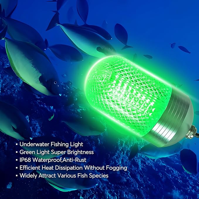 Luckerain Underwater Fishing Light 70W 12V Green Light for Fishing IP68 Waterproof 9000 Lumens High Brightness Fish Attracting Light for Docks, Boats or Kayaks,26ft Power Cord