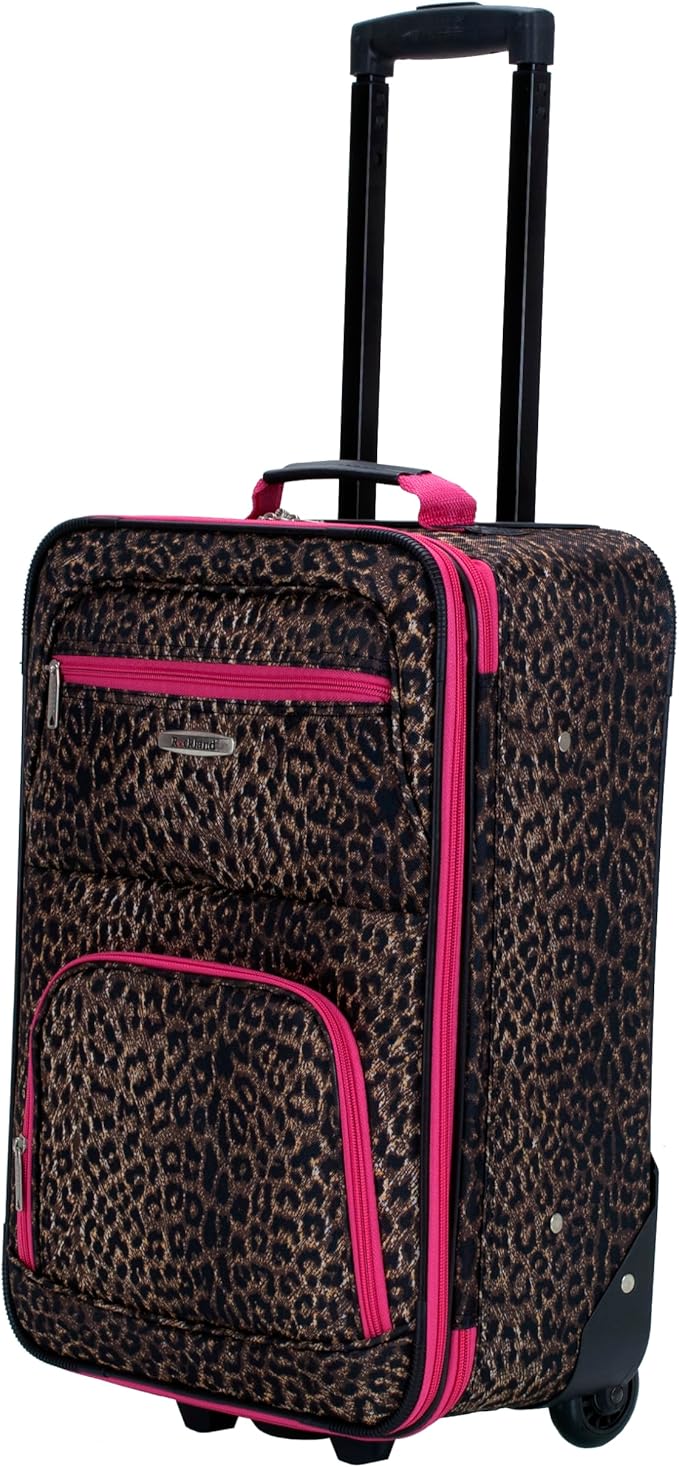 Rockland Fashion Softside Upright Luggage Set, Expandable,Lightweight,Telescopic Handle,Wheel, Pink Leopard, 2-Piece (14/19)