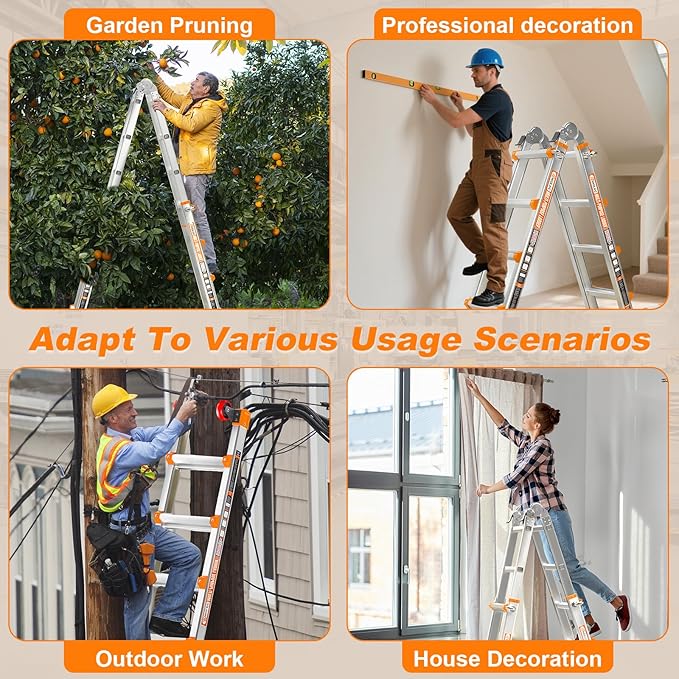 Telescoping A-Frame Ladder- 20FT Folding Extension Ladder with Wheels & Stabilizer Bar, 330lb Security Load Multi Position Ladders for Stairs Home Indoor Outdoor Roof