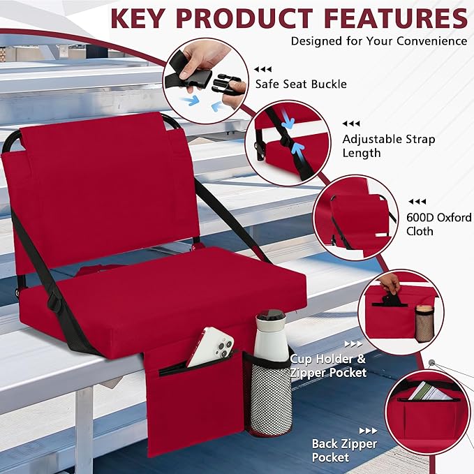 Stadium Seats for Bleachers with Back Support Bleacher Seat Soft Cushion Light Weight Includes Shoulder Strap & Cup Holder, Front & Back Zipper Pocket, Suitable for Sports Events,Maroon
