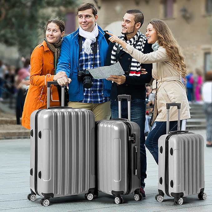 Karl home Luggage Sets 3 Piece, Hardside Carry on Suitcase Sets with Spinner Wheels & TSA lock, Portable Lightweight ABS Luggages for Travel, Business - Silver, 20/24/28in