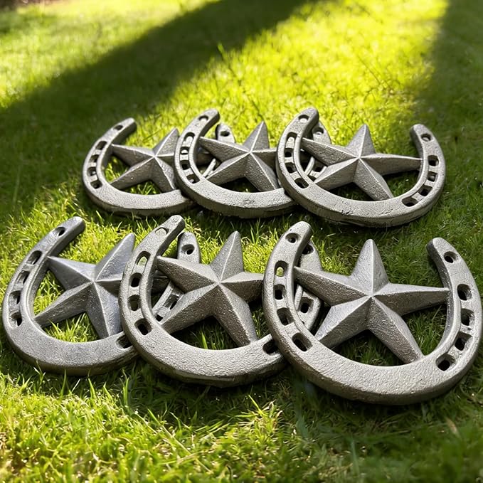 8 Pcs Horse Shoes with Star for Decorations, Durable Cast Iron Lucky Horseshoes Wall Décor for Indoor, Outdoor, Wedding, Birthday, Western Cowboy Party Favors Decor