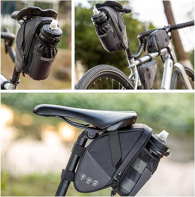 Bike Seat Bag, Bicycle Saddle Bag Under Seat Cycling Seat Pack with Water Bottle Holder for Mountain Road Bikes Black