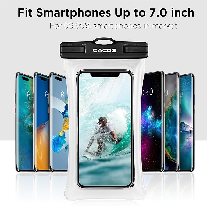 CACOE 【浮く】フローティング 汎用 防水ケース 2個セット - 7.0インチまで対応、調節可能なネックストラップ付き携帯ポーチ、休暇中の水のアクティビティに最適なIPX8携帯電話ドライバッグ(ブラック+ブラック-#2)