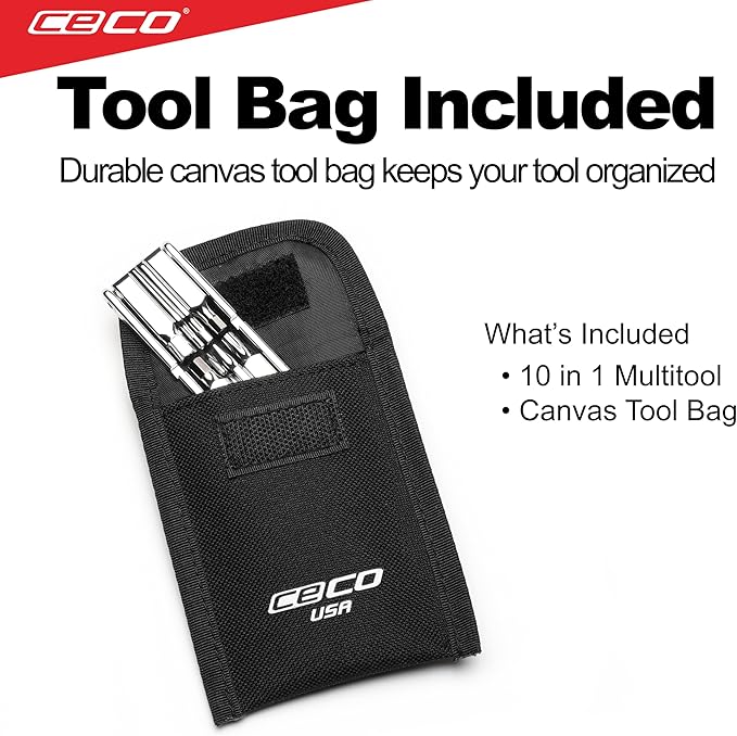 CECO USA 10 Function Bicycle Multi Tool, Ultra Slim Sized, Lightweight, Polished Chrome Finish, High Strength CR-V 6150 Tool Steel, Mountain Bike, Road Bike