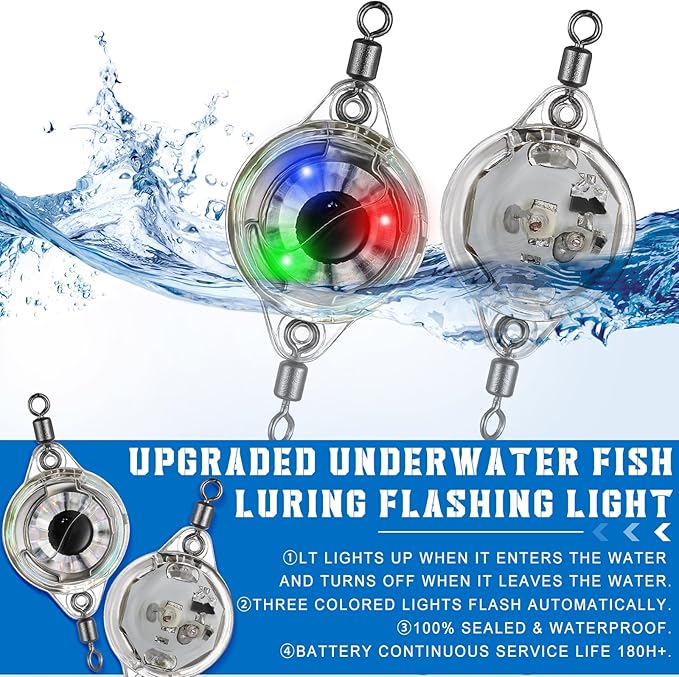 10 Pcs LED Fishing Lures, LED Lighted Bait Underwater Flasher, Deep Drop Ice Fishing Spoons, Fish Eye Attractive Light Lures, Deep Sea Lighted Bait Kit for Bass Halibut Saltwater Trolling