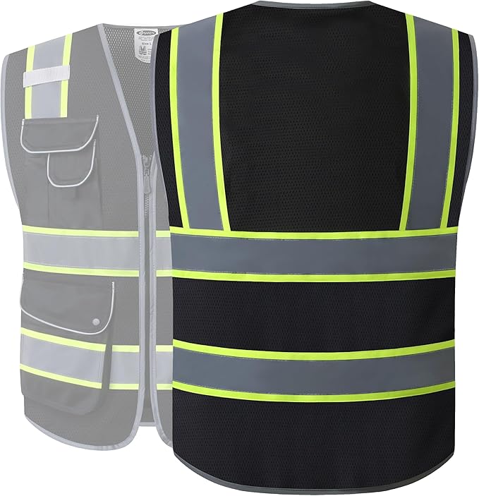 JKSafety 9 Pockets Hi-Vis Black Color Zipper Front MESH Safety Vest with Fluorescent Yellow Extend Edge outlining the Reflective Tapes Meet ANSI/ISEA Class 1 Standard (100-Black, 5XL)