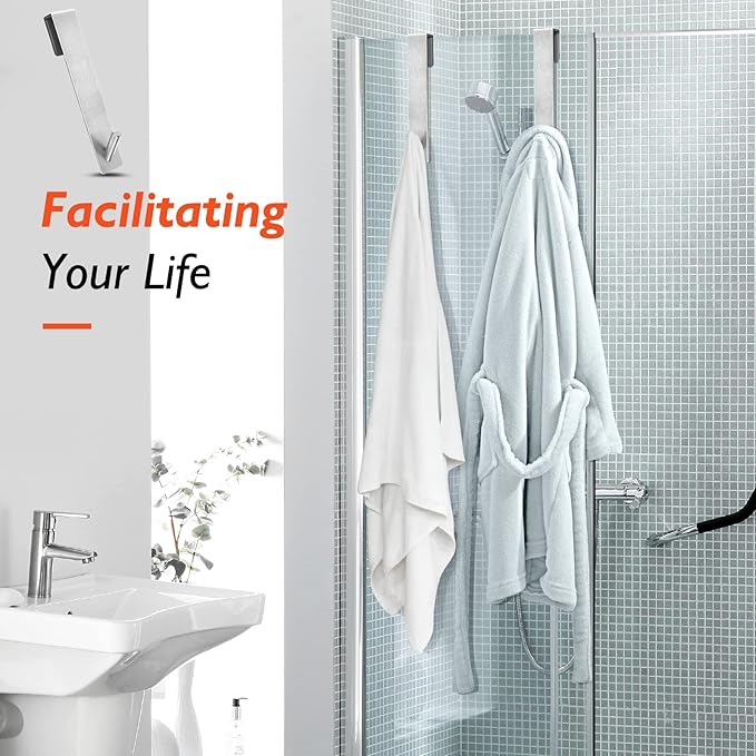 Shower Door Hooks(7.5 Inch),Extended Over Door Hooks for Bathroom Frameless Glass Shower Door,Stainless Steel Towel Hooks,Heavy Duty Rack Hooks for Robe,Towel-3 Pack-Silver