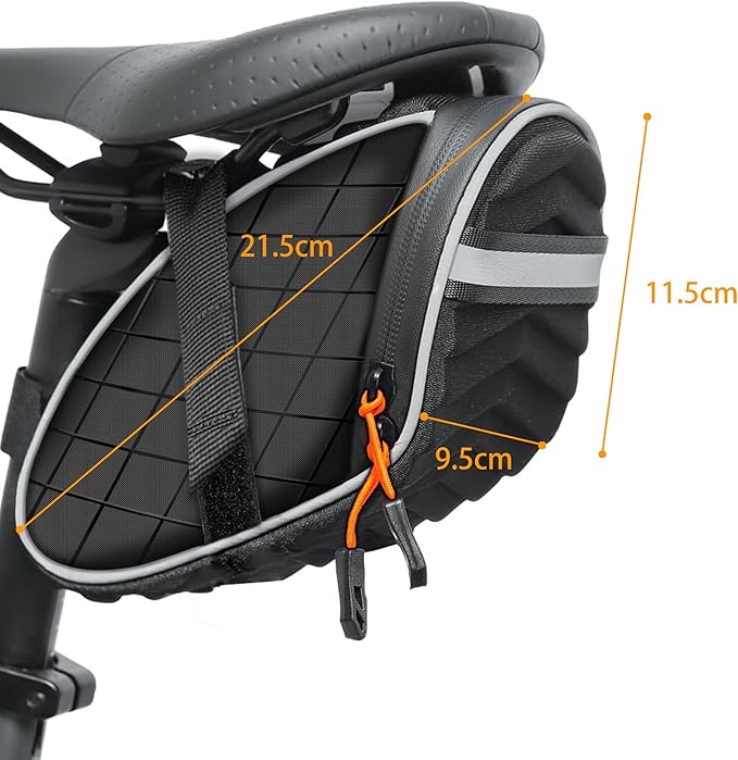Bicycle Saddle Bag with Waterproof Zippers,Bike Seat Bag with Reflective Strip,Wedge Cycling Seat Pack for Mountain,Commuter & Road Bike 8.5x3.7x4.5inch,Adhesive buckle straps(Black)