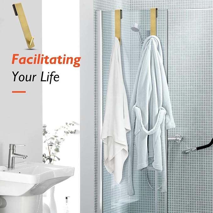 Shower Door Hooks(7.5 Inch),Extended Over Door Hooks for Bathroom Frameless Glass Shower Door,Stainless Steel Towel Hooks,Heavy Duty Rack Hooks for Robe,Towel-3 Pack-Gold
