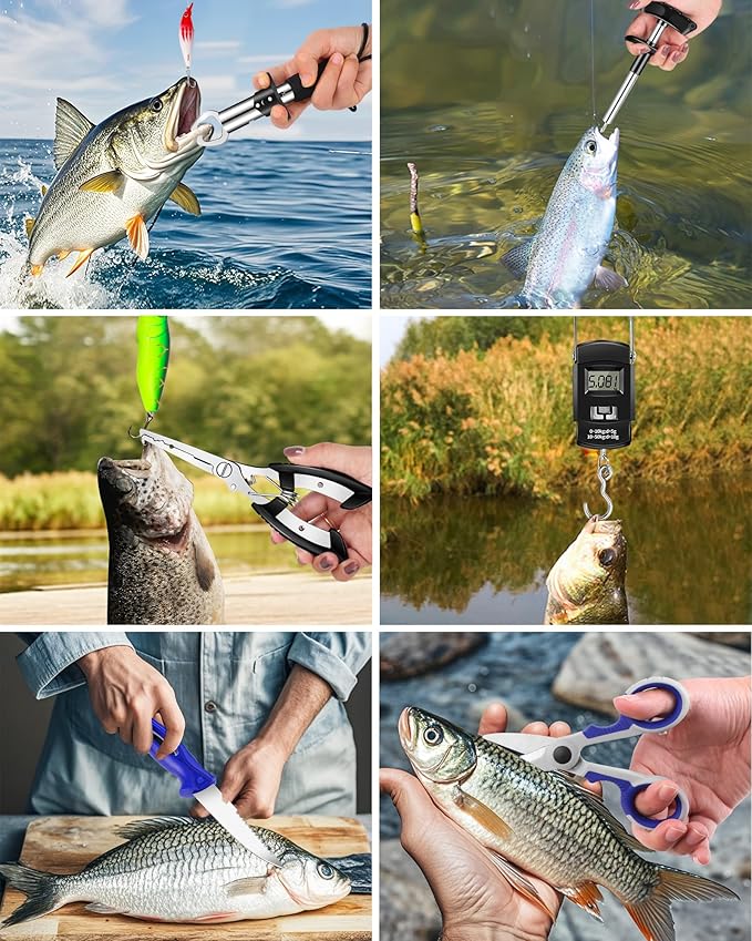 フィッシングツールキット - フィッシングプライヤー、フックリムーバー、フィッシュグリッパー、魚のうろこ取り、フィッシュナイフ、シャープナー付きソルトウォーターフィッシングギア、男性への最高の贈り物