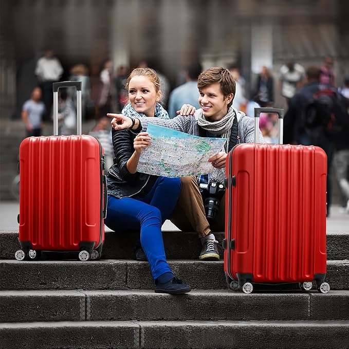 Karl home Luggage Sets 3 Piece, Hardside Carry on Suitcase Sets with Spinner Wheels & TSA lock, Portable Lightweight ABS Luggages for Travel, Business - Bright Red, 20/24/28in