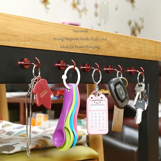 Neosmuk Magnetic Hooks, Heavy Duty 30lb+ Strong Magnet Hook for Cruise Cabins, Cruise Ship Essentials for Hanging, Metal Wall Refrigerator Hangers (Red, 10 Pack)