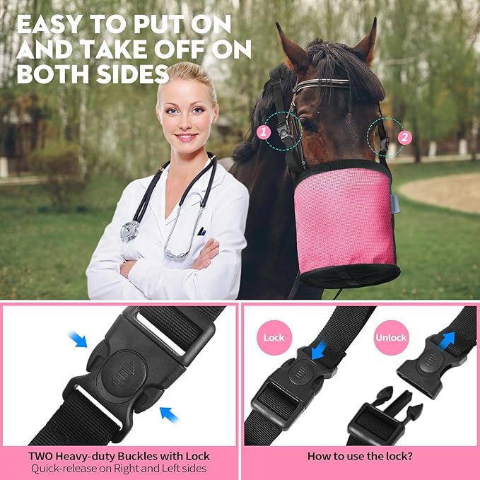 Horse Feed Bag for Grain, Breathable Mesh Feed Bags for Horses, Muzzle Feedbag for Feeding Grain, Anti-Spill Design Feeder, Soft Neck Pad Nose Pad, Universal Fit(1 Pack Pink)