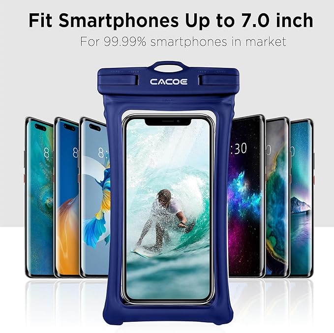 CACOE 完全防水スマホケース 2枚セット-7.0インチ対応、調節可能なネックストラップ付きスマホポーチ、ビーチ・プール・水泳用IPX8防水携帯ドライバッグ(ブラック+ダークブルー、7.0インチ対応-浮き輪型)