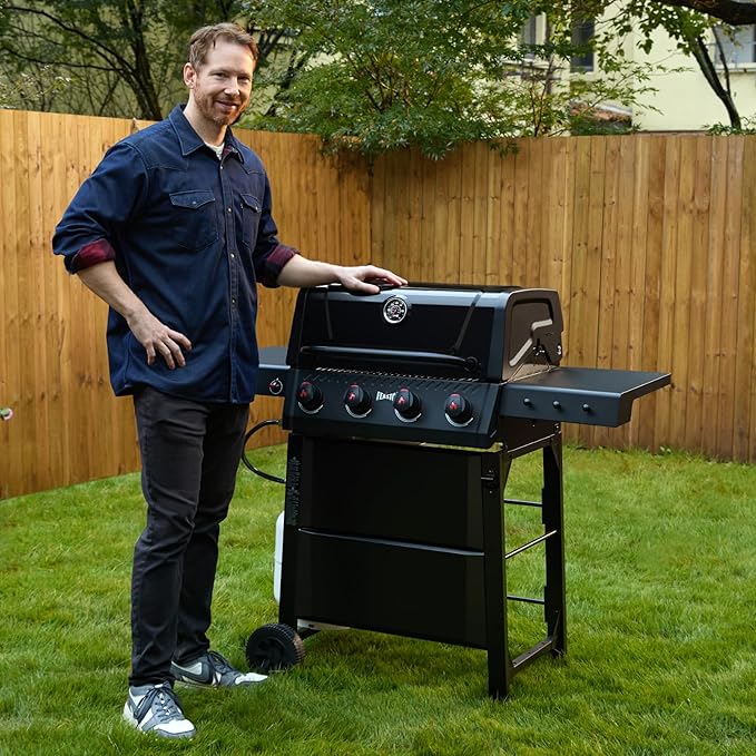4 Burner Gas Grill, 36,000 BTU Outdoor BBQ Grill with Side Table for Outdoor Cooking & Backyard Barbecue, Premium Enameled Coated Chamber Body with Porcelain-Enameled Grates, Black