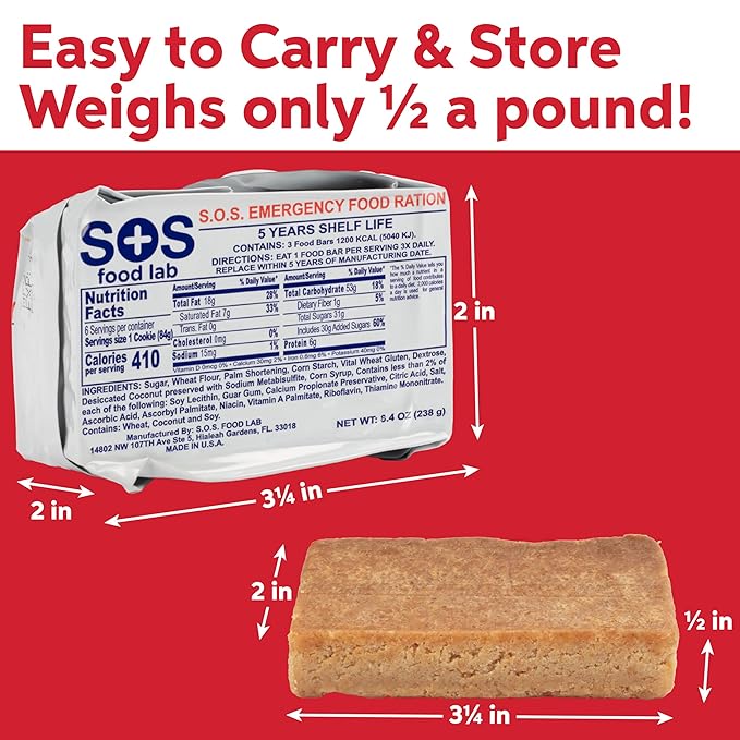 SOS Food Lab Emergency Food Bar - 1200 Calorie Ration (5 Pack Shortbread Cookie) - 1 Day/24 Hour Ready to Eat Supply for Camping, Hiking, Disaster Preparedness - 5 Year Shelf Life Energy Survival Food