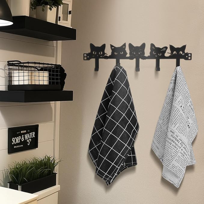 Cat Over The Door Hooks Hanger Wall Mount Towel Hanger Door Holder Organizer 5 Hooks Kawaii Farmhouse Rustic Coquettish Style Decor for Bedroom Bathroom Towel Hat Clothes