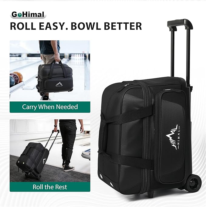 GoHimal Double Roller 2 Ball Bowling Bag with Separate Shoe Compartment for Bowling Shoes (Up To US Mens Size 15) and Oversized Accessory Pocket, Retractable Handle - Extends to 40"