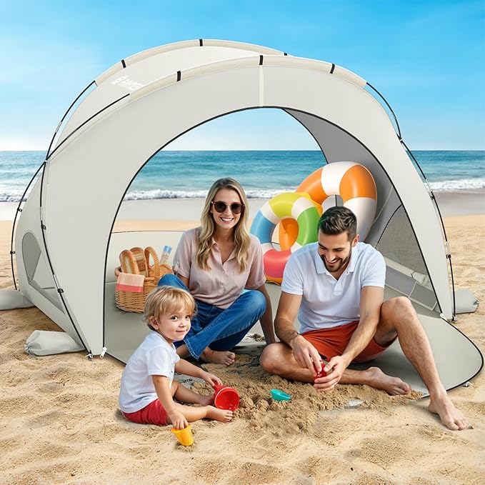 Beach Tent Sun Shelter, Beach Shade Tent with UPF50+ UV Protection, Sun Shelter for 1-3 Person, Beaches Shade with 2 Zippered Doors, Portable Tents for Camping Fishing, Beige