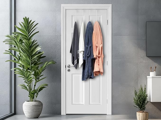 Over The Door Metal Hooks with Plastic Coating 12" Fit 0.5" to 1 3/8" Door 4 Pcs Heavy Duty Single Towel Robe Rack Wreath Bathroom Shower Hanger Shoe Organizer Ironing Board Long White