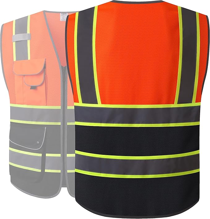 JKSafety 9 Pockets High Visibility Zipper Front Safety Vest With Reflective Strips,Meets ANSI/ISEA Standard (100-Orange-Black,XL)