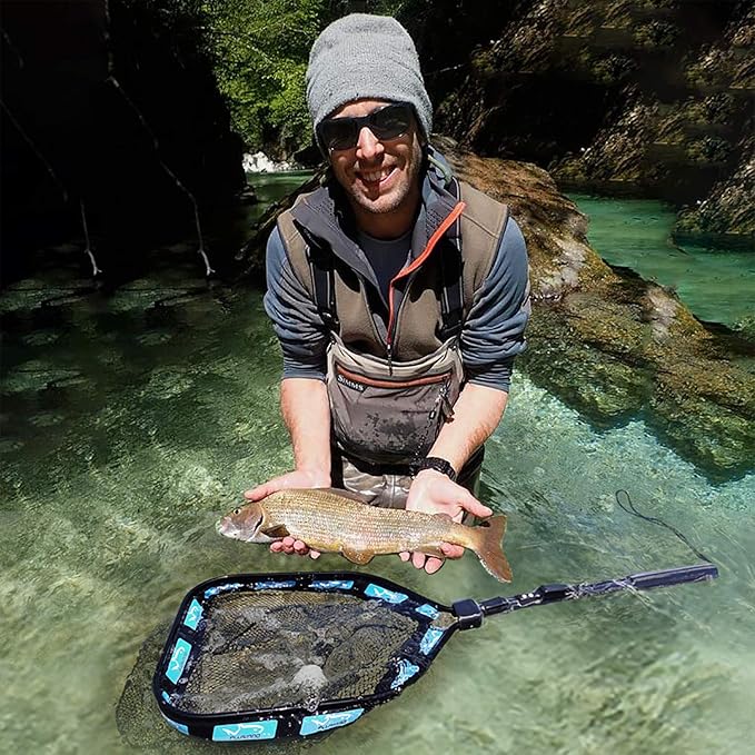 PLUSINNO Floating Fishing Net for Steelhead, Salmon, Fly, Kayak, Catfish, Bass, Trout Fishing, Rubber Coated Foldable Landing Net with Fixed or Telescoping Pole Handle, Fishing Gear and Gifts for Men
