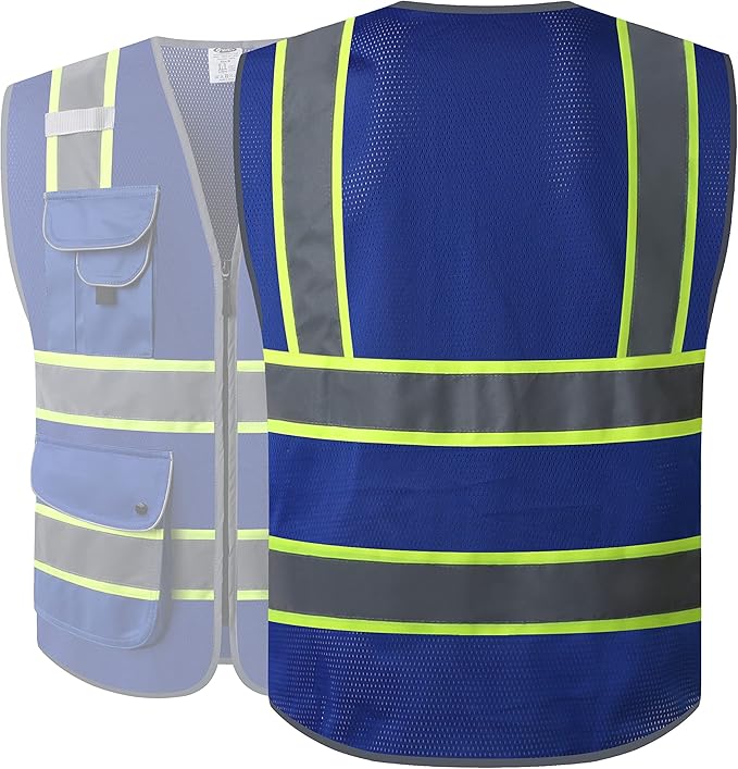 JKSafety 9 Pockets High Visibility Zipper Front MESH Blue Safety Vest | Blue with Dual Tone High Reflective Strips | ANSI/ISEA Standards (100-Blue, 3XL)