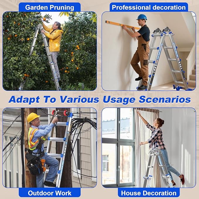 Telescoping A-Frame Ladder- 17FT Folding Extension Ladder with Wheels & Stabilizer Bar, 330lb Security Load Multi Position Ladders for Stairs Home Indoor Outdoor Roof