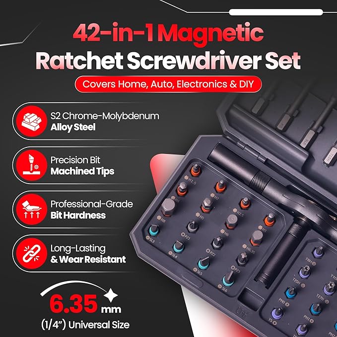 42 in 1 Magnetic Screwdriver Set, Magnetic Ratchet Screwdriver Set with Multi-Bit Ratcheting Handle & Bit Magnetizer, Compact Repair Tool Kit with Storage Case for Furniture, Computer, Bicycle and DIY