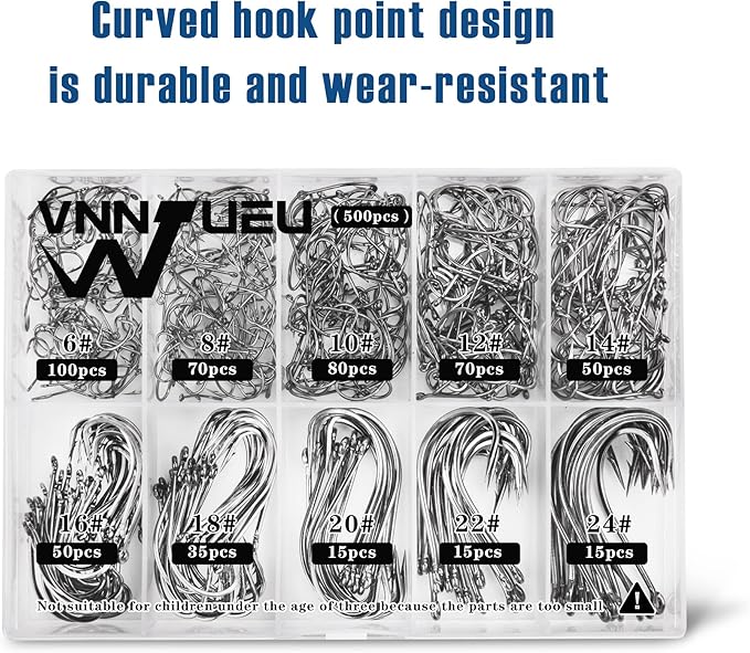 Carbon Steel Fishing Hooks 500Pcs/90Pcs, Circle Hooks Assortment for Saltwater Freshwater Ice Fishing, Salt Water Fish Hooks for Catfish Trout Bass Octopus Multi Size