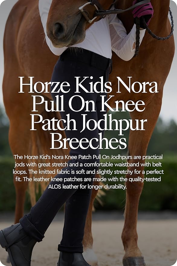 HORZE Nora Girls Riding Pants with Leather Knee Patch | Kids Equestrian Girls Jodhpurs Breeches | Size Chart in Images