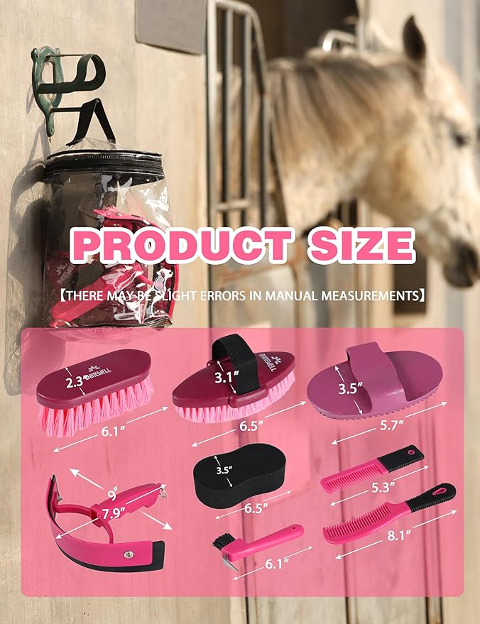 Shinewell Horse Grooming Kit, Complete Horse Brush Set, Equine Grooming Tools for Shedding & Daily Care Pink