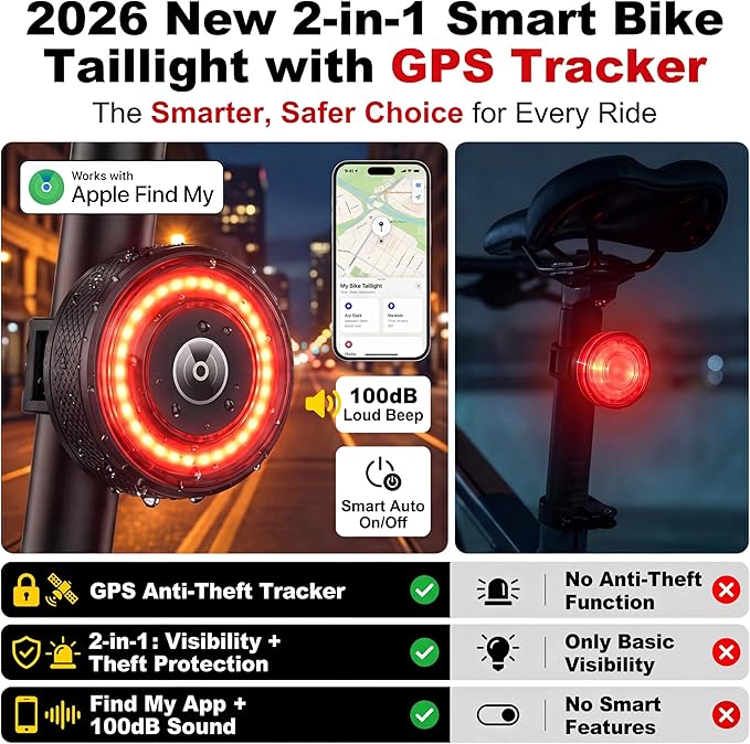 Bike GPS Tracker with Tail Light, Real-Time & Anti-Theft Bicycle Locator, No Monthly Fee/No SIM Card, Works with iOS Find My, 5 Light Modes, IP65 Waterproof, Bicycle Safety Light for Night Riding