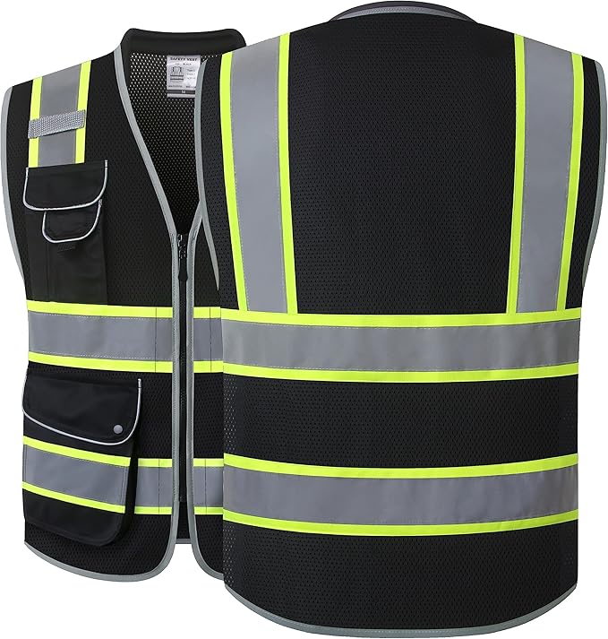 JKSafety 9 Pockets Hi-Vis Black Safety Vest for Men Women High Visibility Reflective Construction Mesh Fabric Cushioned Collar Work Utility PPE Work Gear ANSI/ISEA compliant (101-Black 3XL)