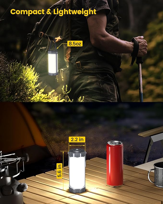 Glocusent 106 LEDキャンプライト、最大80時間点灯、5000mAh充電式キャンプランタン、5段階の明るさ、3つのモードとSOS、IP68防水、最大1200ルーメン、停電、ハイキング、緊急時、ハリケーン用ランタン