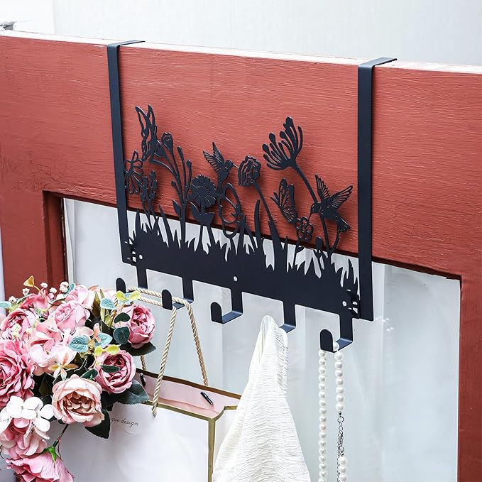 Geelin Metal Hummingbird Flower Over The Door Hooks Wildflowers Over The Door Nature Wall Decor with 5 Hooks Towel Holder for Bathroom Bedroom Kitchen Living Room Home Decor Gift