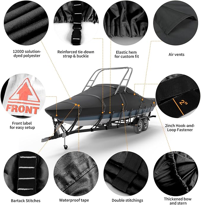 Tuszom 1200D 100% Waterproof Ski & Wakeboard Tower Boat Cover Tear-Proof Trailerable Full Size Boat Cover for Boats with Ski Or Wakeboard Towers (Black, 17'-19'L, Beam Width to 102" W)
