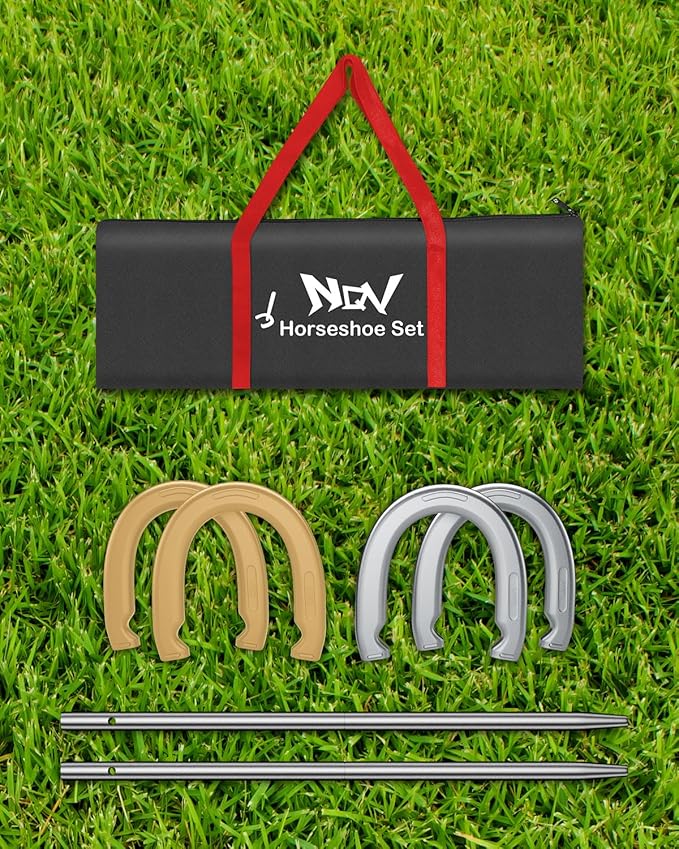 NQV Horseshoe Outdoor Game Set –Horse Shoe Game Kit,Sports Horseshoes Sets, Includes 4 Steel Horseshoes, 2 Metal Stakes & Carry Bag – Perfect for Lawn, Backyard, or Tailgating