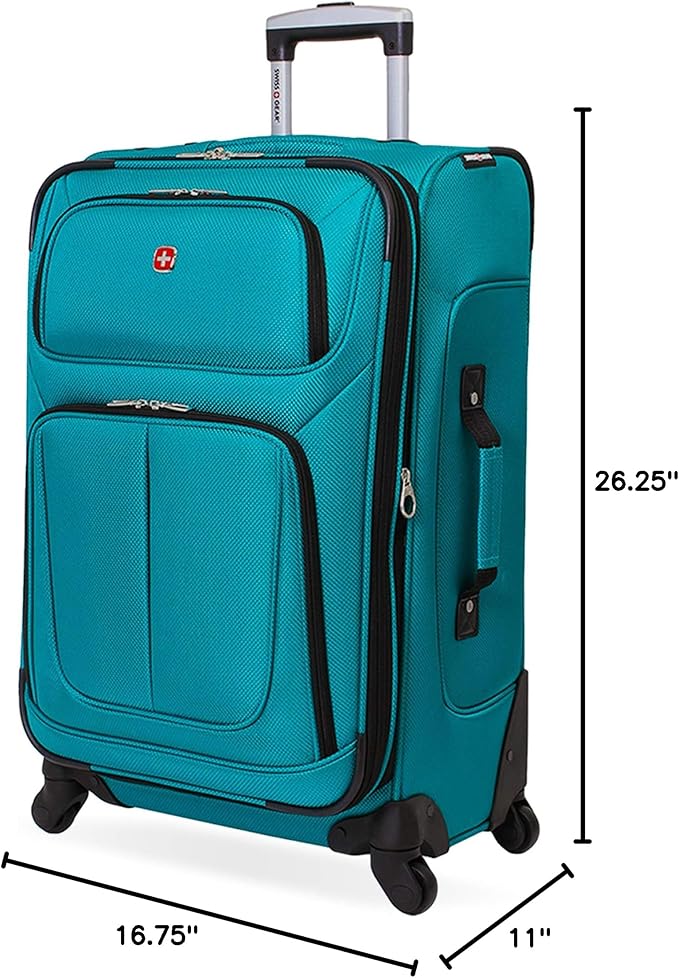 SwissGear Sion ソフトサイド 拡張可能ラゲッジ – 360度回転ホイールと格納式ハンドル付き中型チェックインスーツケース – 25インチ、1~7泊の旅行に最適 – ティール