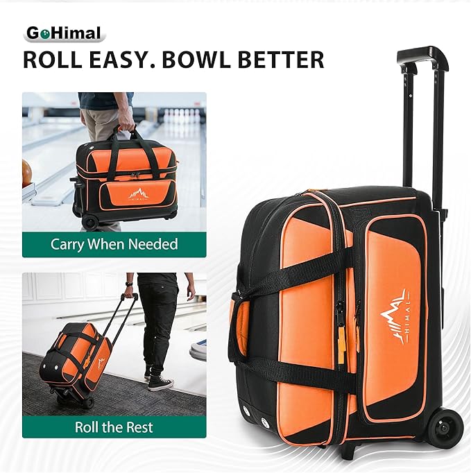 GoHimal ダブルローラー 2ボール ボーリングバッグ シューズ用セパレートコンパートメント付き (USメンズサイズ15まで対応)、特大アクセサリーポケット、格納式ハンドル - 40インチまで延長可能
