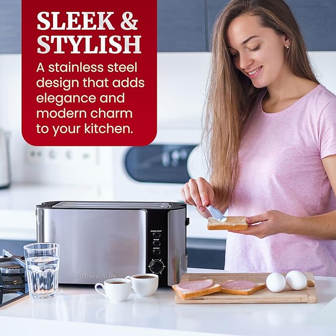 Elite Gourmet ECT-3100 4-Slice Long Slot Toaster | Extra Wide Slots for Bagels, Sourdough & Texas Toast | 6 Browning Settings | Reheat, Defrost & Cancel | Built-In Warming Rack | Stainless Steel