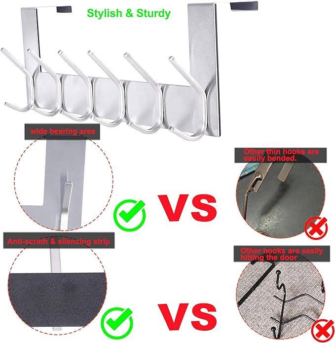SKOLOO Over The Door Hook - for Doors up to 1-3/4'' Thickness, Brushed Nickel, No Assembly Required, Stainless Steel, Door Coat Rack for Entryway & Bathroom Hanging Coats, Backpack, Robes, Towels