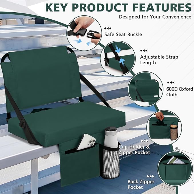 Stadium Seats for Bleachers with Back Support Bleacher Seat Soft Cushion Light Weight Includes Shoulder Strap & Cup Holder, Front & Back Zipper Pocket, Suitable for Sports Events,Green