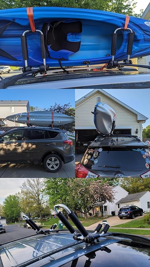 Upgraded Universal Folding Kayak Rack, J-Bar Carrier for Canoe Boat SUP Ski, Mount on Car Roof Top Crossbar, Includes 4 Ratchet Straps, 2 Anchor Straps (1 Pair, Aluminum)
