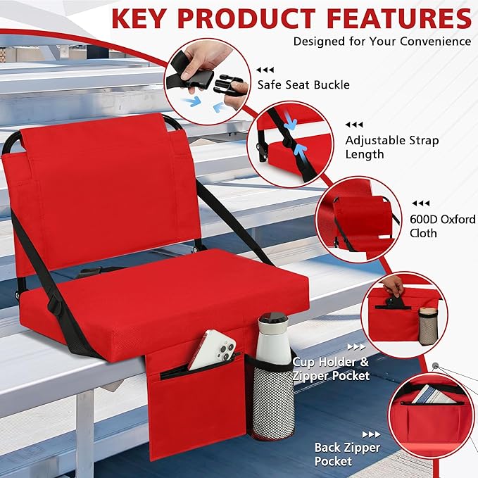 Stadium Seats for Bleachers with Back Support Bleacher Seat Soft Cushion Light Weight Includes Shoulder Strap & Cup Holder, Front & Back Zipper Pocket, Suitable for Sports Events,Red